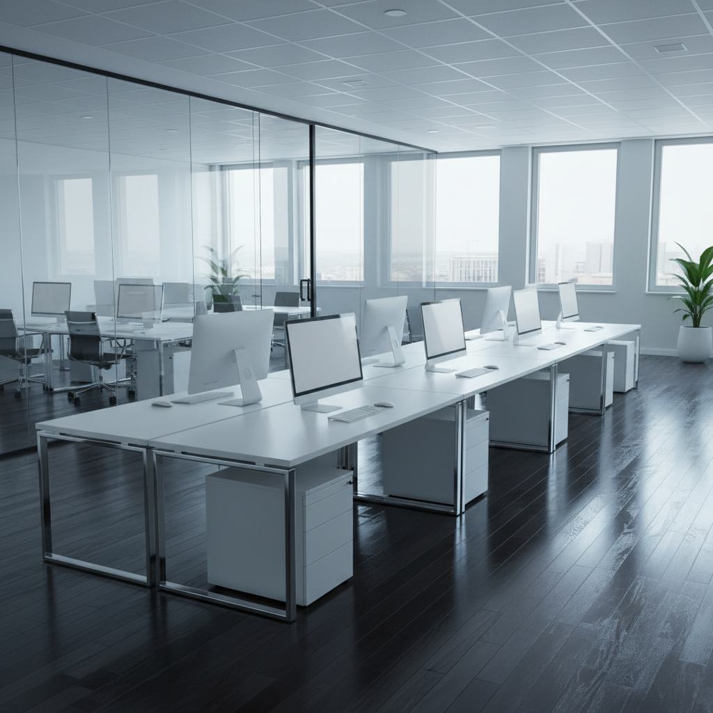 A pristine, contemporary office workspace in London, featuring a row of immaculate white desks with cable management completely hidden, spotless computer monitors, and polished chrome desk legs reflecting subtle highlights. The dark hardwood floor has a just-mopped sheen with no streaks or footprints. Large glass partitions between meeting rooms are crystal clear, with no smudges, catching soft cool-toned daylight from tall city windows. Minimalist plants in white pots add small touches of green without clutter. Photographic realism, captured from a slightly elevated, wide-angle perspective to show the entire open-plan layout. The mood is professional, efficient, and business-ready, with a clean and modern aesthetic that communicates reliability and meticulous attention to detail in office cleaning services.