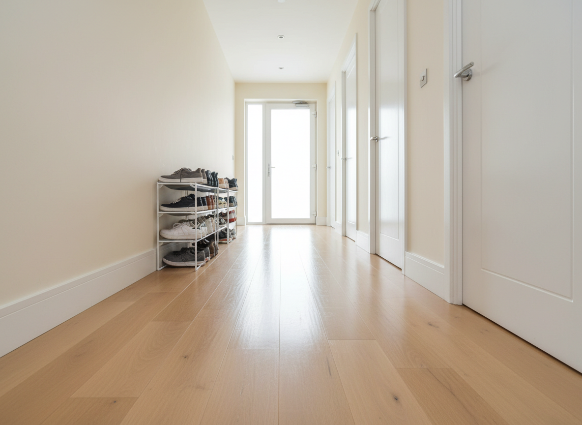 A bright hallway in a London flat with freshly mopped light oak flooring that subtly reflects the walls and skirting boards, showing no marks or dust. Along one side, a row of simple white doors with polished chrome handles gleam softly, their surfaces completely fingerprint-free. At the far end, frosted glass admits diffused daylight that fills the corridor with a crisp, even glow. A neatly placed, modern shoe rack with perfectly aligned shoes sits to the side, reinforcing the sense of order. Photographic realism captured from a low, slightly forward-moving perspective down the hallway, with strong linear lines drawing the eye toward the light. The mood is airy, orderly, and welcoming, evoking the feeling of arriving at a freshly serviced home cleaned by professionals.