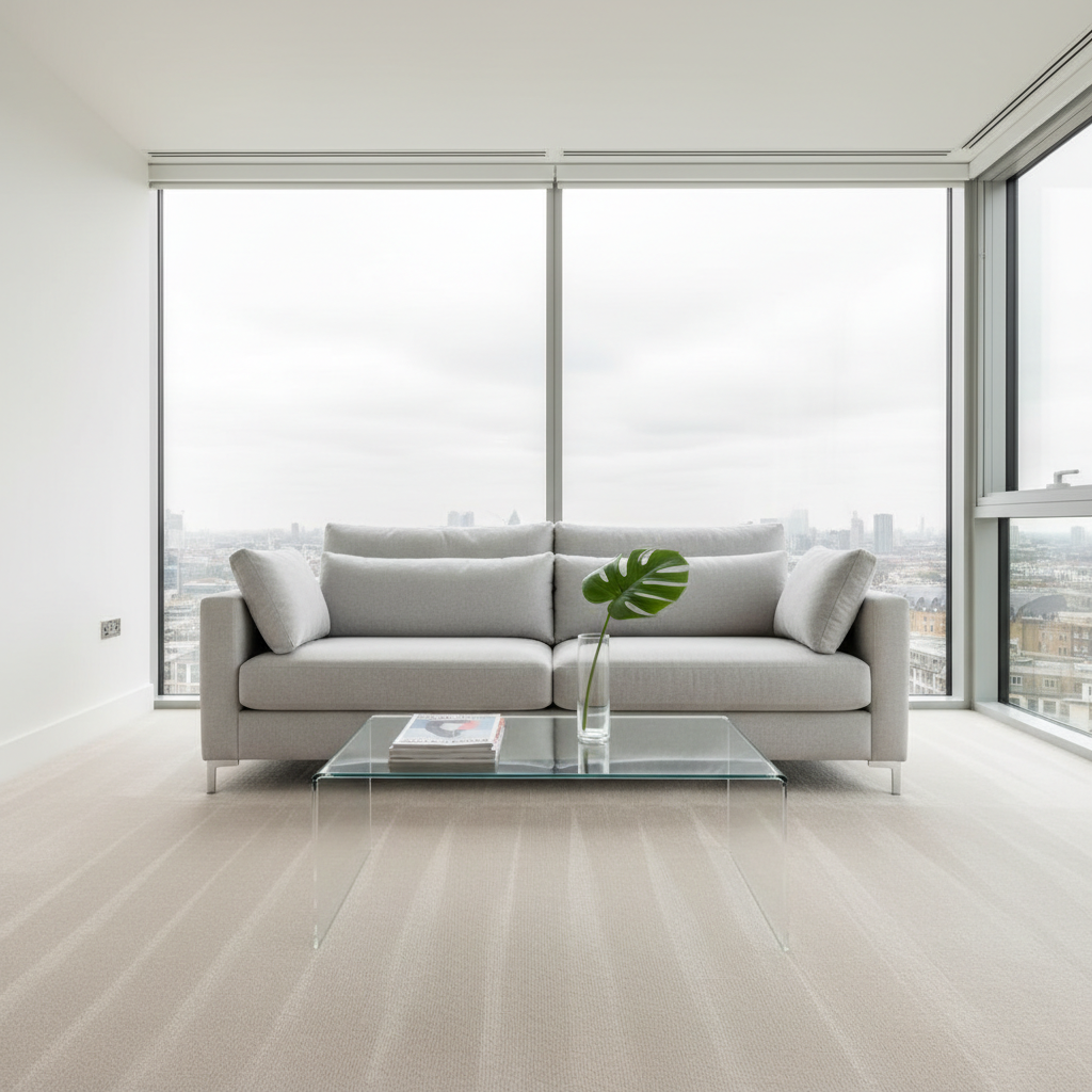 A gleaming, modern living room interior just after a professional clean, with a pale grey fabric sofa, spotless glass coffee table, and freshly vacuumed light beige carpet showing neat parallel lines. On the coffee table, a neatly stacked pair of design magazines and a clear glass vase with a single green leaf add subtle decor. Large floor-to-ceiling windows reveal a soft, overcast London skyline, letting in diffused natural light that creates gentle, even illumination and minimal shadows. The atmosphere feels fresh, orderly, and hygienic, with no clutter in sight. Photographic realism from an eye-level angle, wide composition with sharp focus throughout, emphasizing cleanliness, bright neutral tones, and a calm, professional mood suitable for a premium cleaning service homepage.
