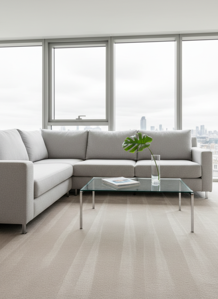 A gleaming, modern living room interior just after a professional clean, with a pale grey fabric sofa, spotless glass coffee table, and freshly vacuumed light beige carpet showing neat parallel lines. On the coffee table, a neatly stacked pair of design magazines and a clear glass vase with a single green leaf add subtle decor. Large floor-to-ceiling windows reveal a soft, overcast London skyline, letting in diffused natural light that creates gentle, even illumination and minimal shadows. The atmosphere feels fresh, orderly, and hygienic, with no clutter in sight. Photographic realism from an eye-level angle, wide composition with sharp focus throughout, emphasizing cleanliness, bright neutral tones, and a calm, professional mood suitable for a premium cleaning service homepage.