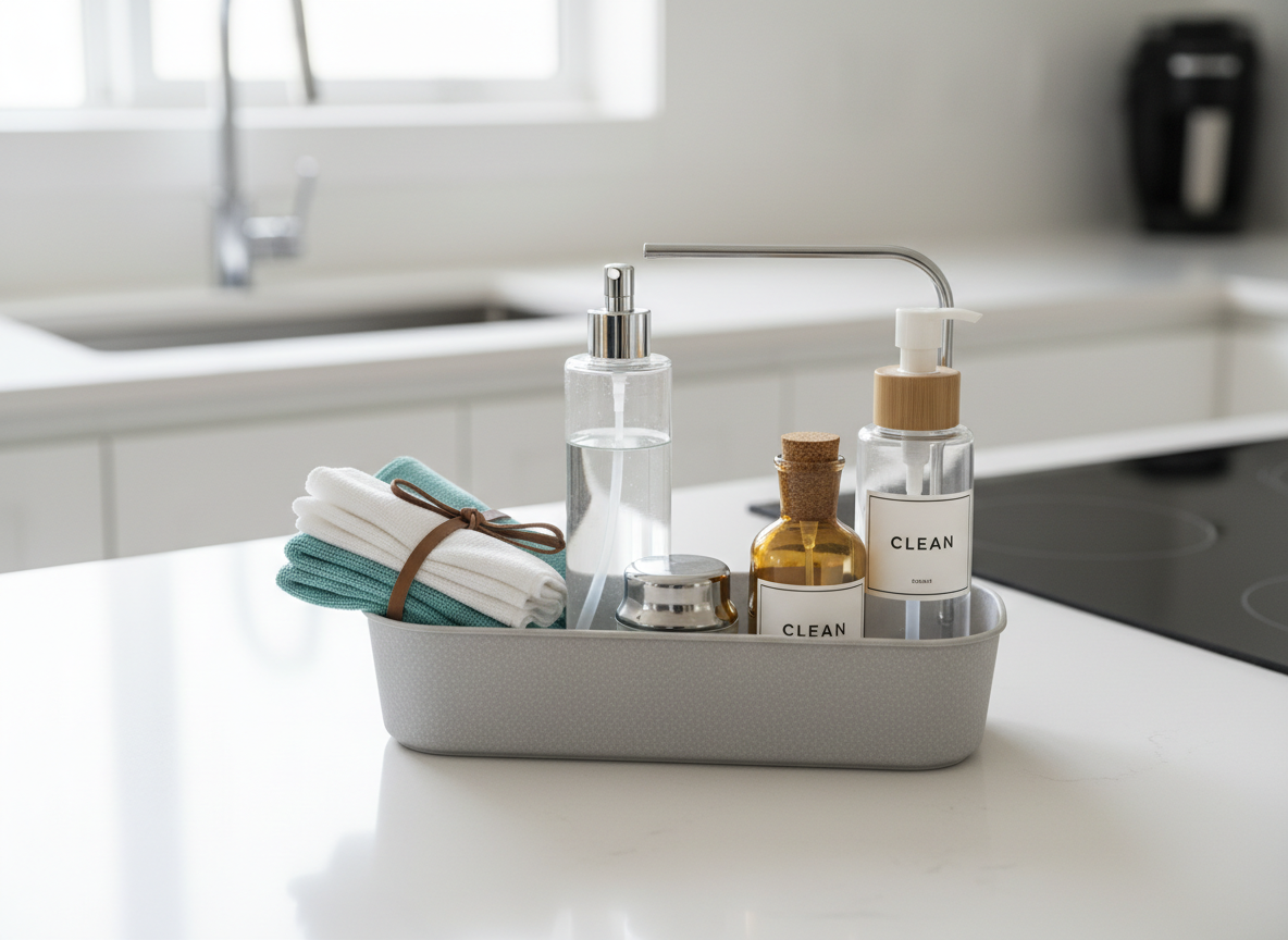 An organized cleaning supplies caddy resting on a spotless white kitchen countertop, containing neatly arranged color-coordinated microfiber cloths in teal and white, a sleek, label-free spray bottle with clear liquid, a stainless-steel scrub brush, and eco-friendly cleaning solution bottles with simple, modern designs. The countertop reflects the caddy subtly, showing its polished, residue-free surface. In the softly blurred background, a shining chrome sink and streak-free induction hob subtly indicate a freshly cleaned kitchen. Bright, indirect daylight from an unseen window casts gentle, natural highlights and minimal shadows, enhancing the sense of hygiene and order. Photographic realism with a shallow depth of field, eye-level composition, and a clean, minimalist aesthetic that feels professional and trustworthy, ideal for illustrating professional-grade tools and methods.
