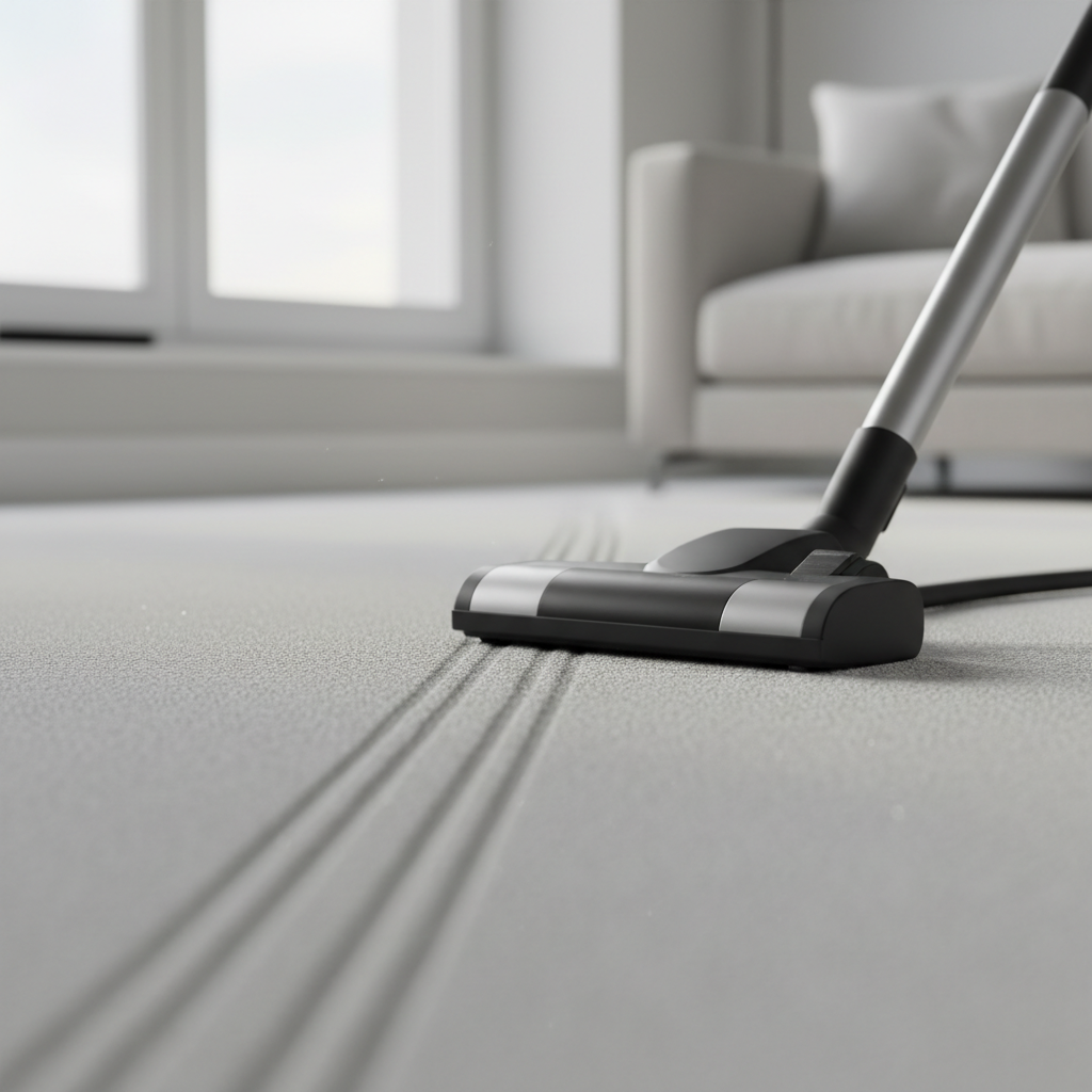 A close-up, photographic realism shot of a vacuum cleaner head with a sleek, modern design and a matte black and silver finish gliding over a light grey carpet in a London apartment, leaving behind sharp, uniform cleaning lines that contrast against the untouched fibers. Tiny specks of dust are visible only on the uncleaned area, emphasizing effectiveness. The vacuum cord trails neatly out of frame, not tangled. Soft natural daylight from a nearby window creates subtle side lighting, highlighting the carpet texture and casting a gentle shadow of the vacuum head. Shot from a very low angle with shallow depth of field, focusing crisply on the cleaned path while the background falls into a soft blur. The atmosphere feels efficient, precise, and reassuringly professional, ideal for showcasing deep cleaning performance.