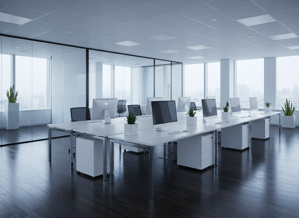 A pristine, contemporary office workspace in London, featuring a row of immaculate white desks with cable management completely hidden, spotless computer monitors, and polished chrome desk legs reflecting subtle highlights. The dark hardwood floor has a just-mopped sheen with no streaks or footprints. Large glass partitions between meeting rooms are crystal clear, with no smudges, catching soft cool-toned daylight from tall city windows. Minimalist plants in white pots add small touches of green without clutter. Photographic realism, captured from a slightly elevated, wide-angle perspective to show the entire open-plan layout. The mood is professional, efficient, and business-ready, with a clean and modern aesthetic that communicates reliability and meticulous attention to detail in office cleaning services.